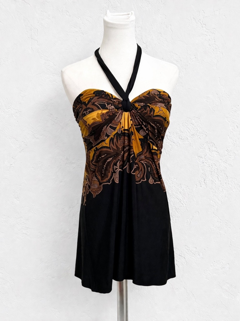 Y2K Le Chateau Halter Top Paisley Black Gold Strapless L